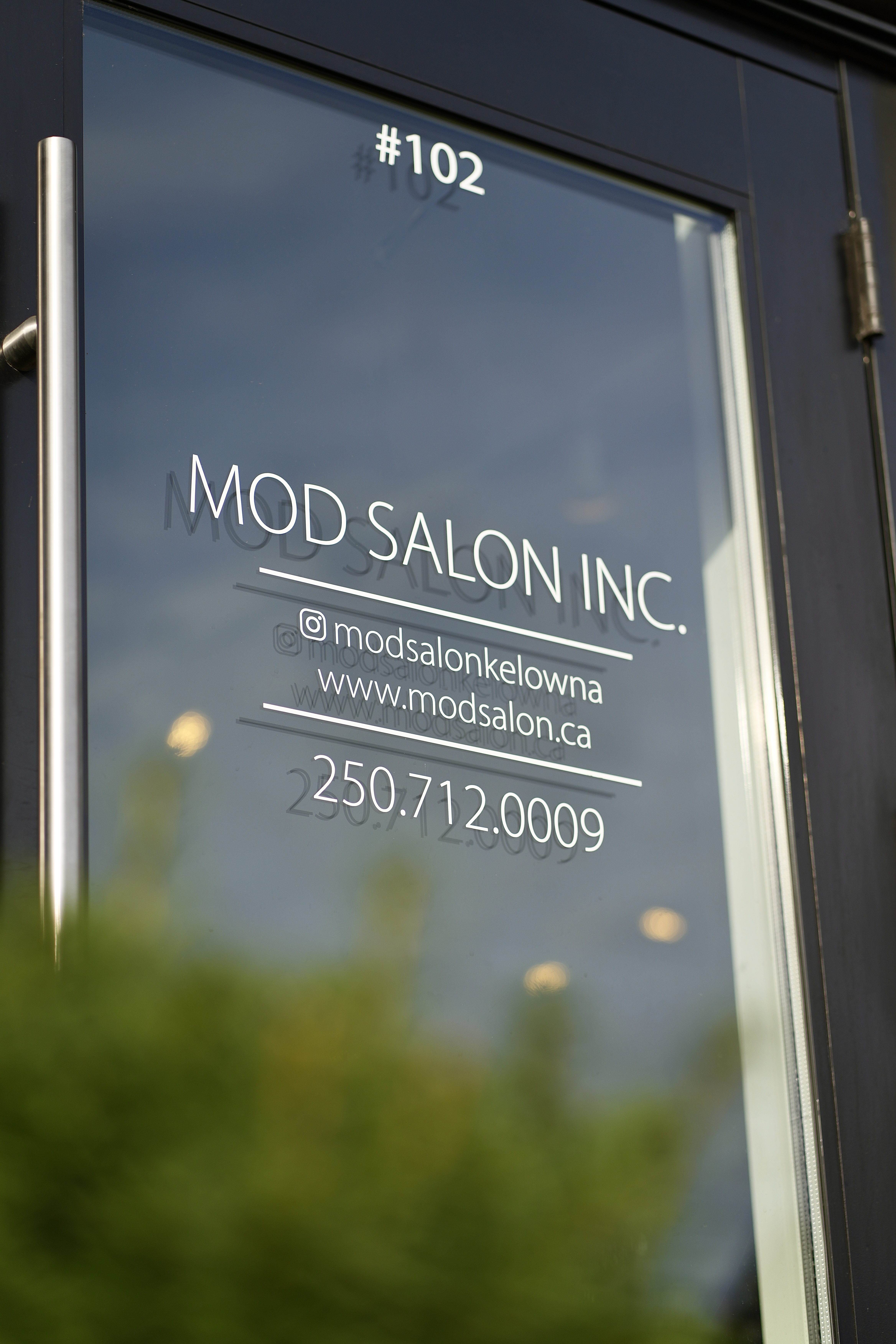 The front door of Mod Salon Inc. with the address, handle, and contact details in gold