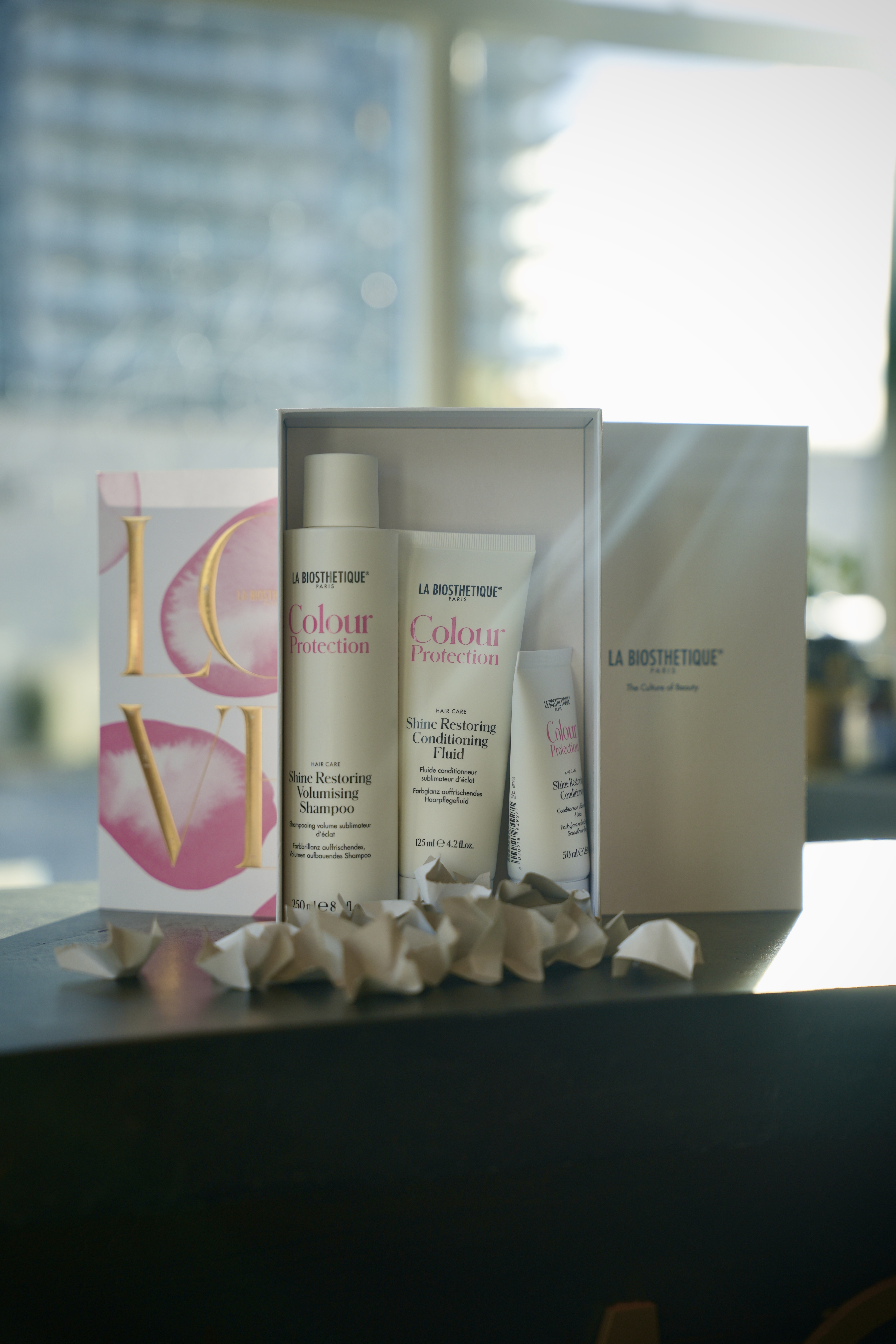 La Biosthétique Paris Colour Protection set in its box, with backlit window behind